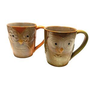 OWL COFFEE TEA CUP MUG LOT OF 2 ORANGE TAN CERAMIC BY ELITE COUTURE 4.5"